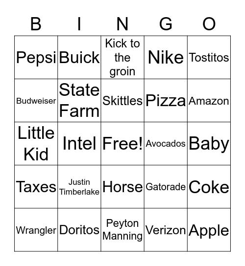 Super Bowl Commercials Bingo Card