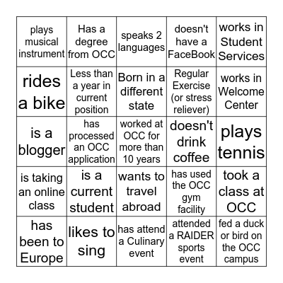 OCC SPEED BINGO! Bingo Card