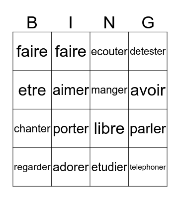 french verbs Bingo Card