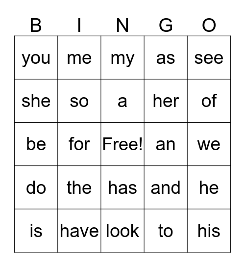 Sight Words Bingo Card