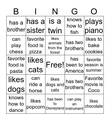 Getting to Know Me Bingo Card