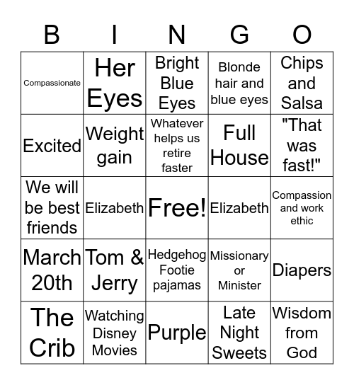 SOPHIA'S BABY BINGO Card