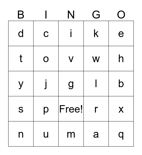 Alphabet Bingo  (no Z's)  card1 Bingo Card