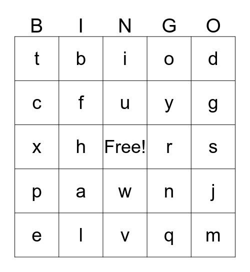 Alphabet Bingo  (no Z's)  card1 Bingo Card