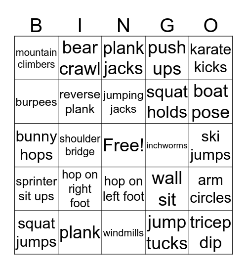 Fitness Bingo Card