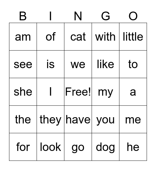 Sight Word Bingo Card