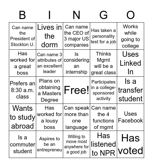 Management Bingo Card