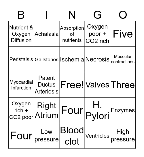 Anatomy Bingo Card