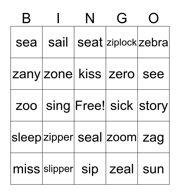 s/ and /z/ Bingo Card