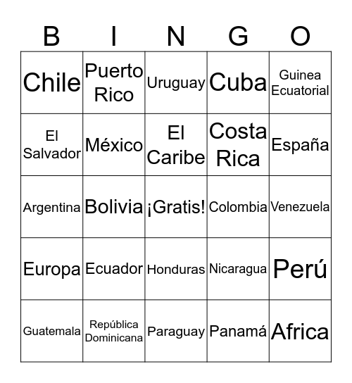 Los Paises Hispanohablantes Bingo Card