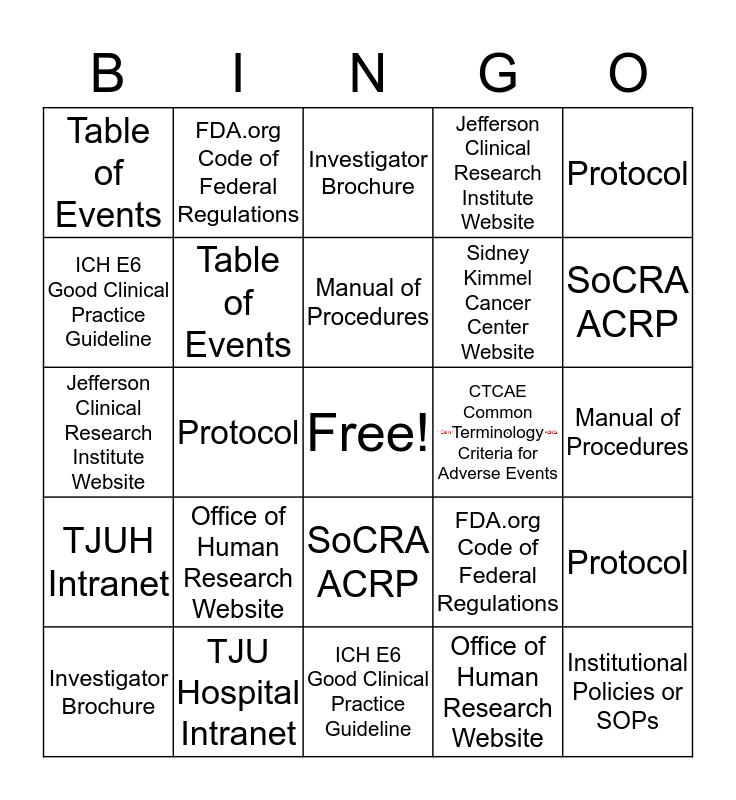 Clinical Research Resources Bingo Card