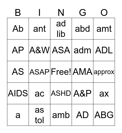 Med Abbreviations #1 Bingo Card