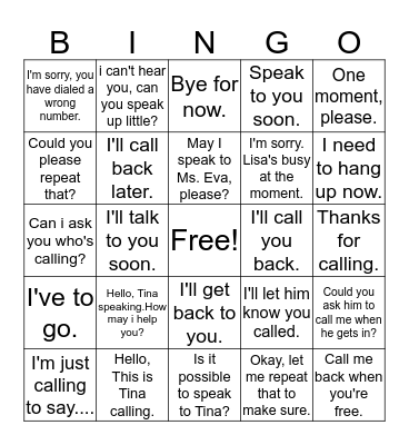 Telephone Message Bingo Card
