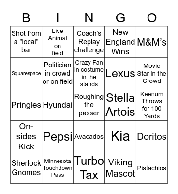 2018 Simsbury Newcomers Super Bowl Bingo Card