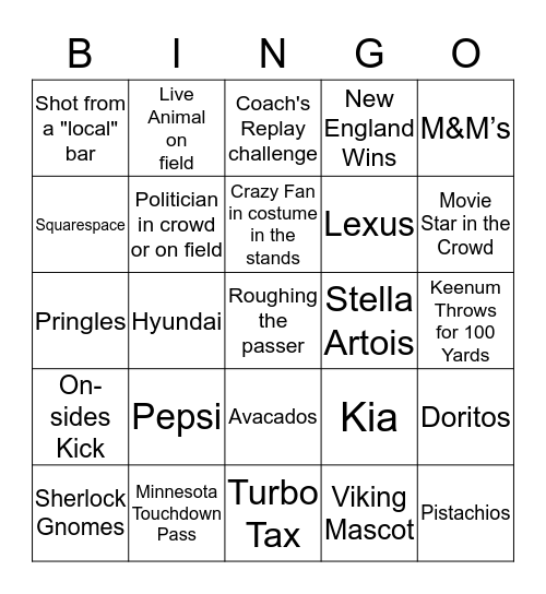 2018 Simsbury Newcomers Super Bowl Bingo Card