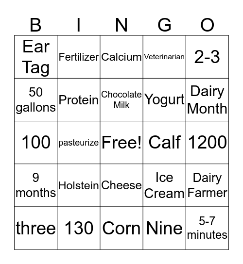 Dairy Bingo!  Bingo Card