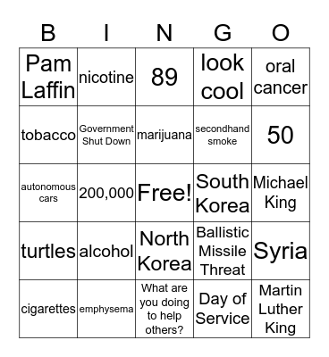 Drugs and Alcohol Bingo Card