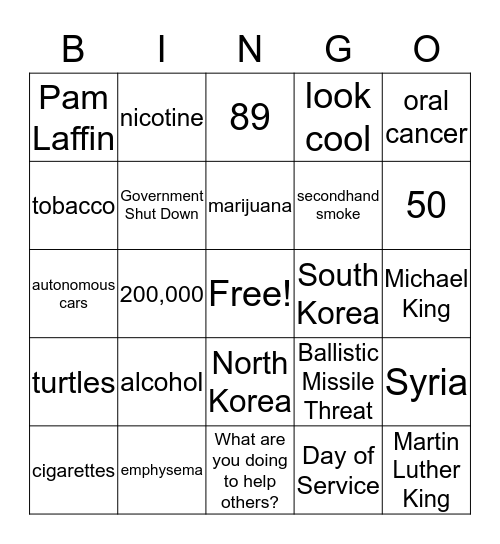 Drugs and Alcohol Bingo Card