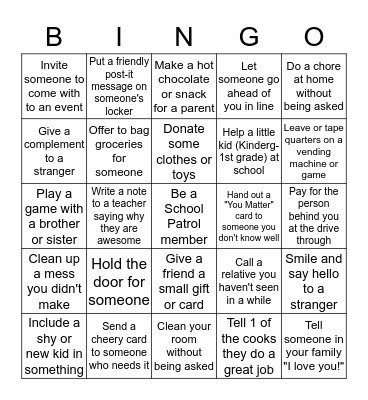 Random Acts of Kindness Bingo Card