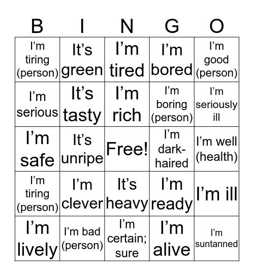 Ser Estar Adjectives Bingo Card