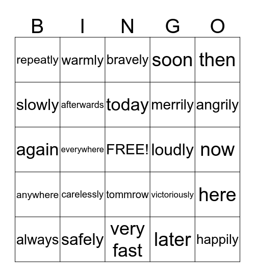 Adjectives Bingo Card