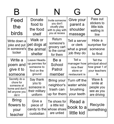 Random Acts of Kindness Bingo Card