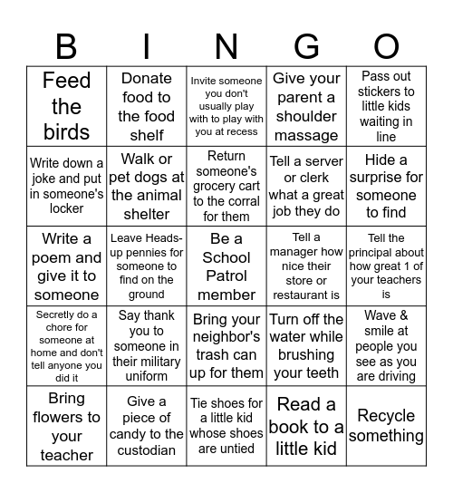 Random Acts of Kindness Bingo Card