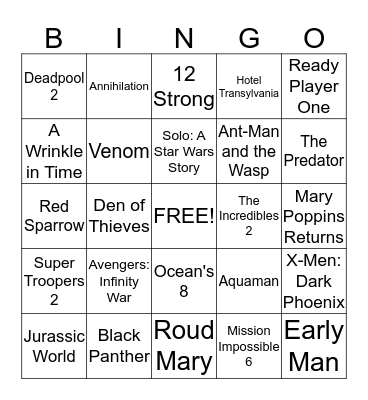 2018 Upcoming Movies Bingo Card