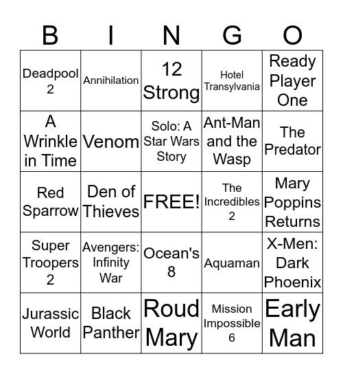 2018 Upcoming Movies Bingo Card