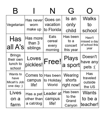 Campus Life Human Bingo Card