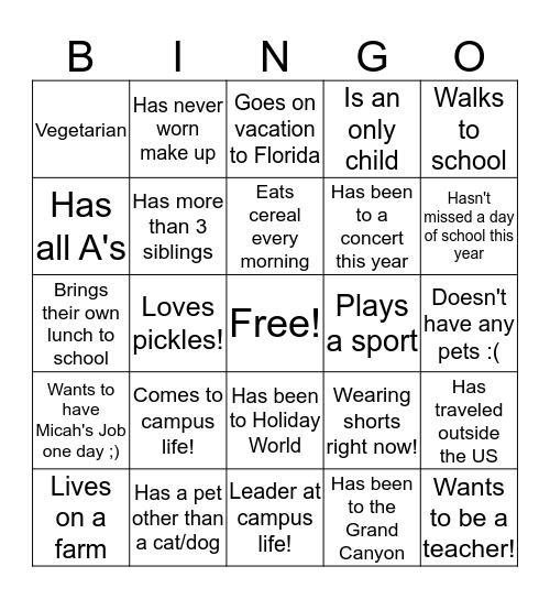 Campus Life Human Bingo Card