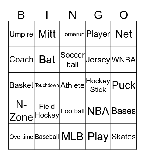 Sports Words Bingo Card