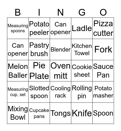 Kitchen Words Bingo Card