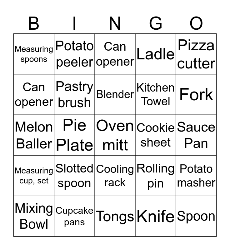 Kitchen Words Bingo Card