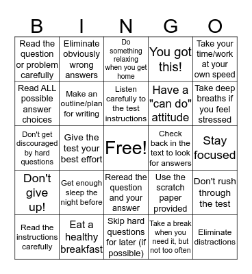 Test Taking Strategies Bingo Card