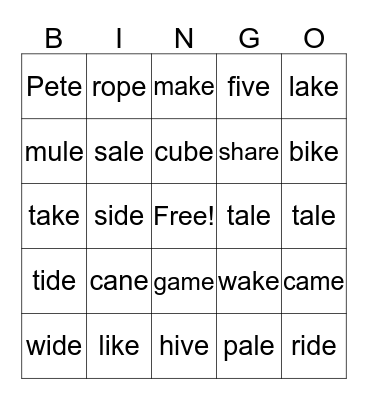 VCe Bingo Card