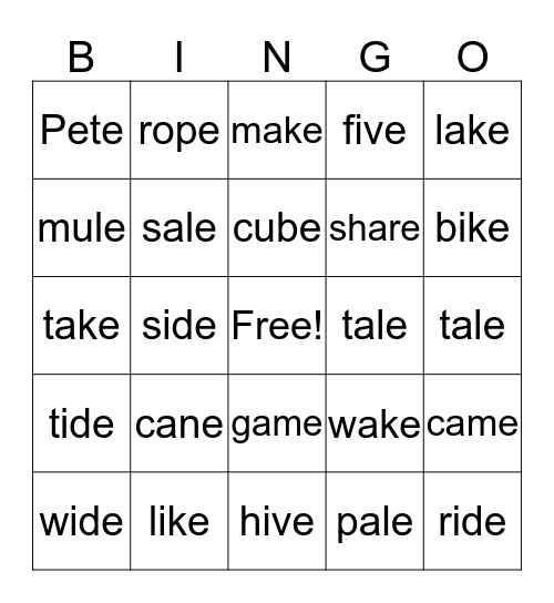 VCe Bingo Card