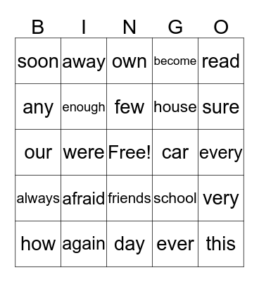 Sight word BINGO Card