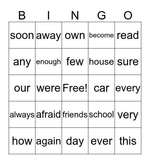 Sight word BINGO Card
