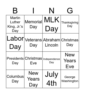 National Holidays Bingo Card