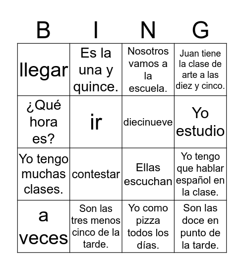 1A Unidad 2 Leccion 1 Bingo Card