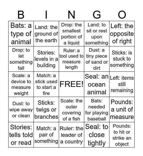 Multiple Meaning Words Bingo Card