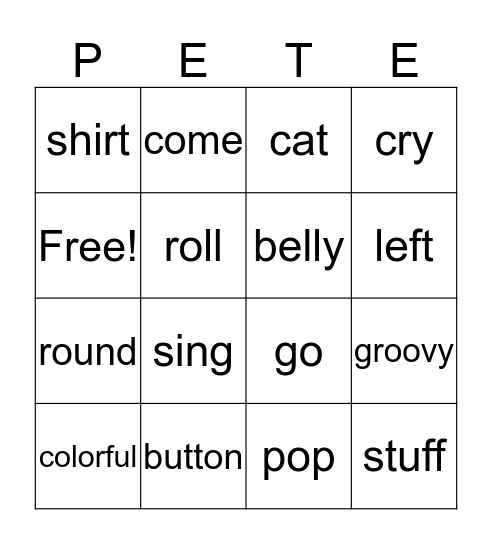 Pete the Cat and His 4 Groovy Buttons Bingo Card
