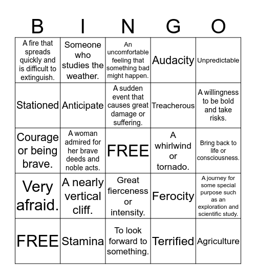 Amazing Words Bingo Card