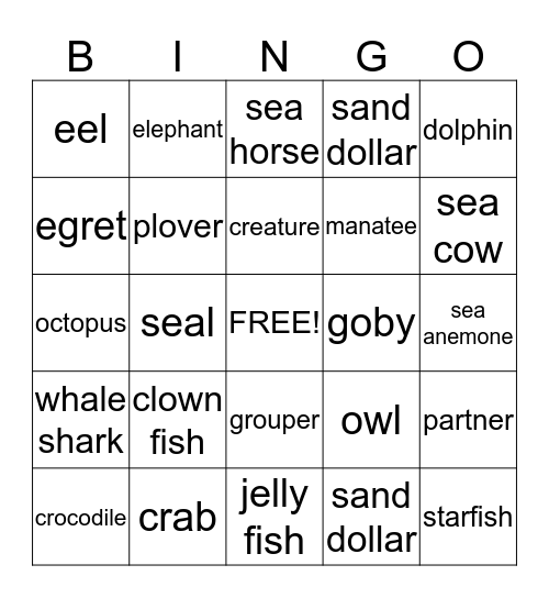 Animal Bingo Card