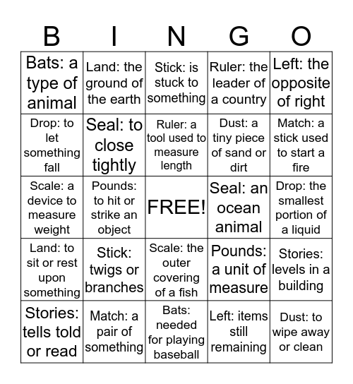 Multiple Meaning Words Bingo Card