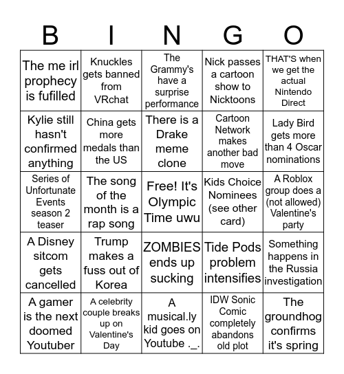 February 2018 Bingo Card