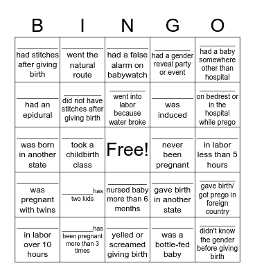 Birth Story Bingo Card