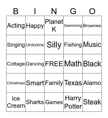 Kendall's Bingo Card