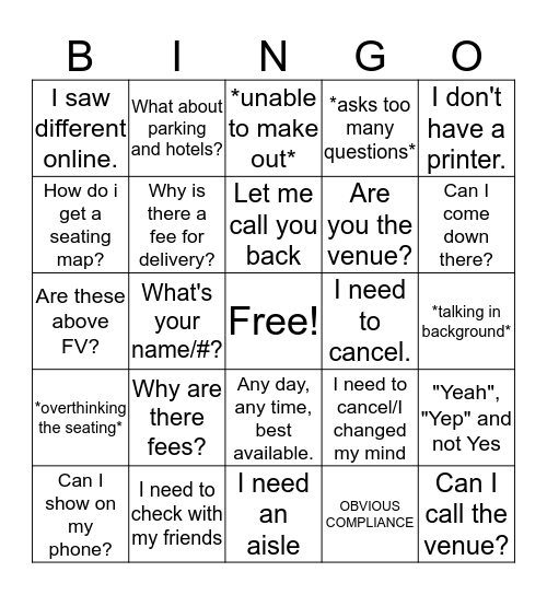 QA Things Customers Say!  Bingo Card